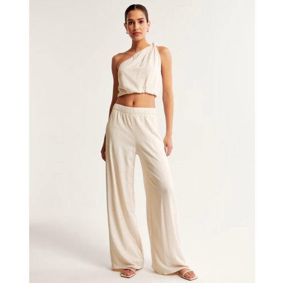 Abercrombie & Fitch Pants - Abercrombie & Fitch Cream Crinkle Textured Wide Leg Pull-On Pants Size Small